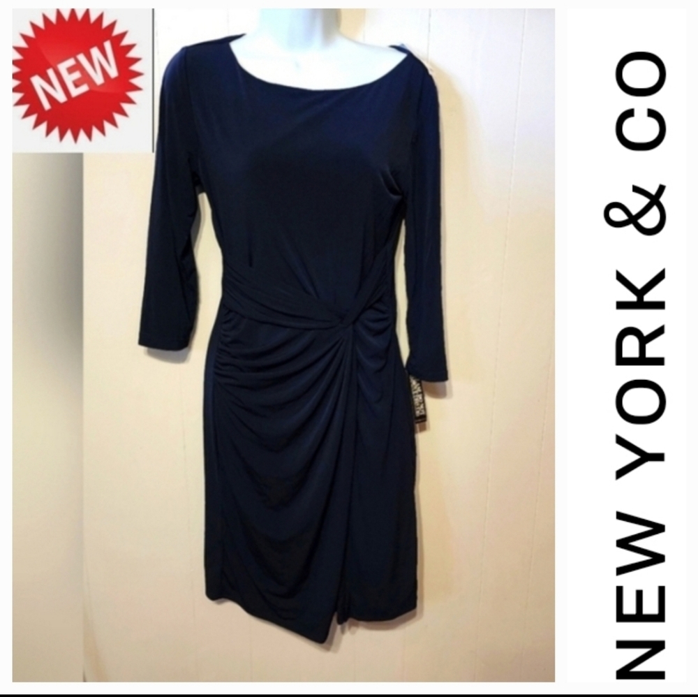 NWT New York & Co Wrap Dress Navy Blue Solid Long Sleeve Round Neck Small‎ A807